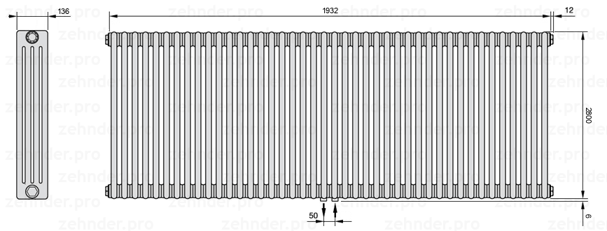 Схема (чертеж) Радиатор Zehnder Charleston 4280/42 №5410 Белый глянцевый RAL 9016
